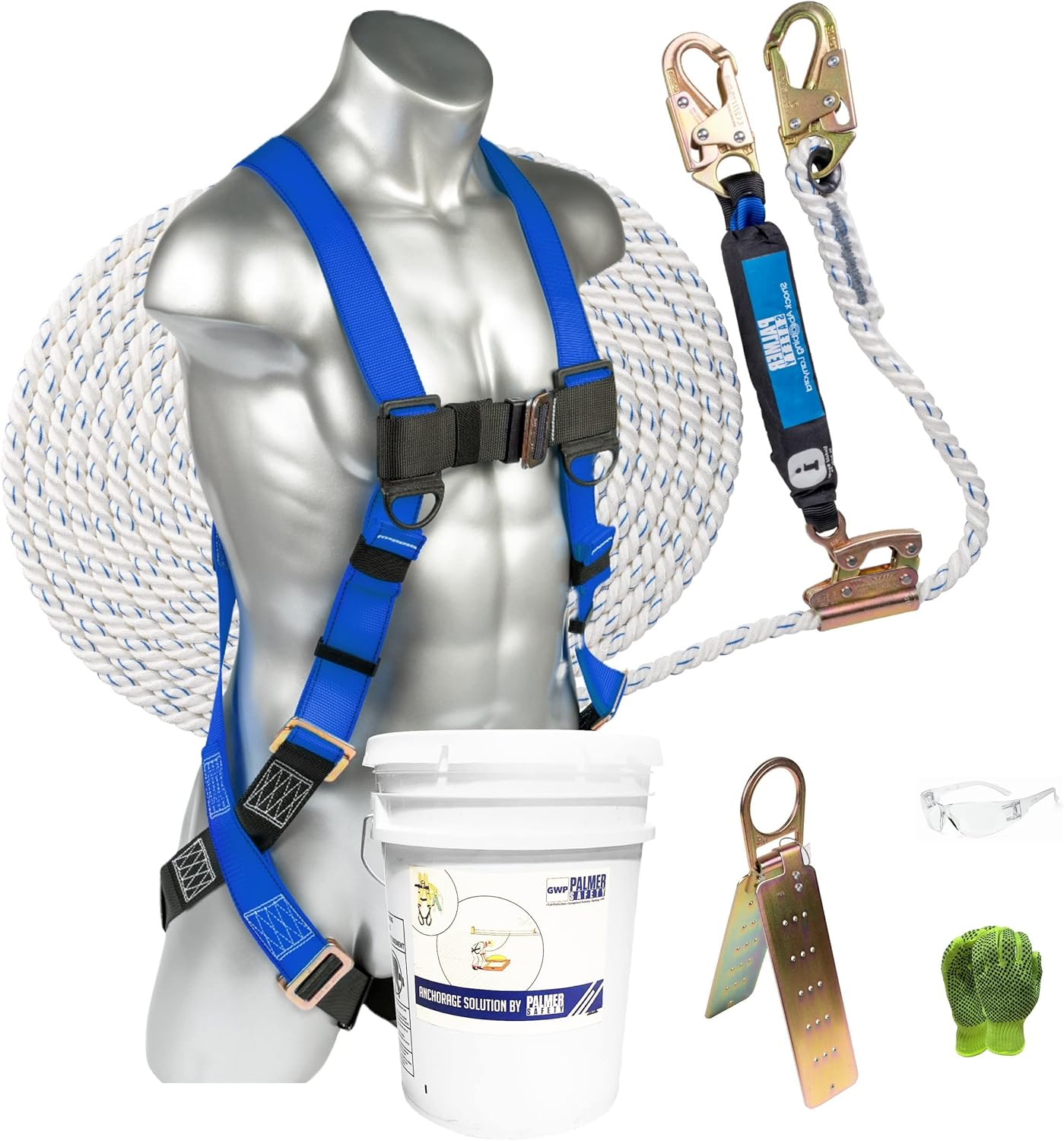Palmer Safety Fall Protection Roofing Bucket Kit I Full-Body Harness, 50' Vertical Rope & Anchor Set