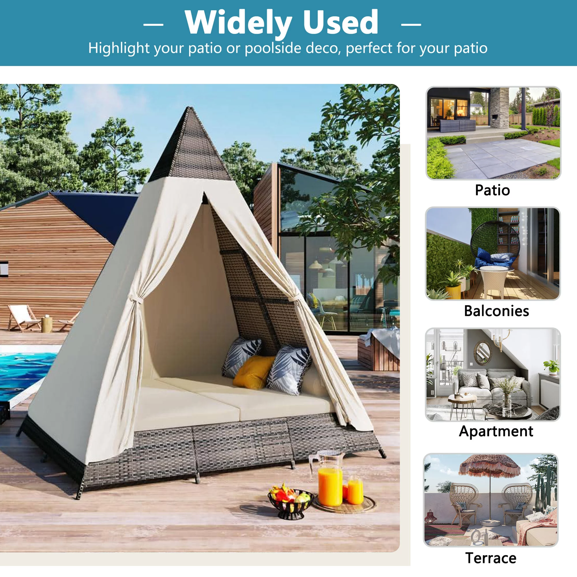 Syngar Outdoor Patio Sunbed with Removable Curtain, All Weather PE Wicker Tent-Shaped Daybed with Beige Cushions and Colorful Pillows