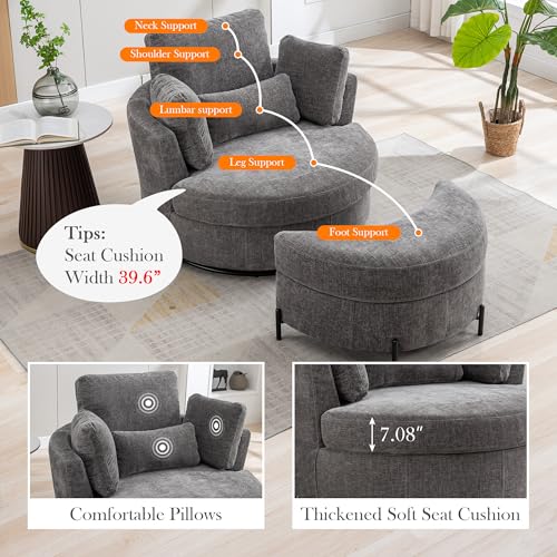 Aoiy & Wifon 42.2" W Oversized Swivel Barrel Chair with Ottoman, Upholstered Round Accent Chair with Storage Ottoman, Chenille, Beige