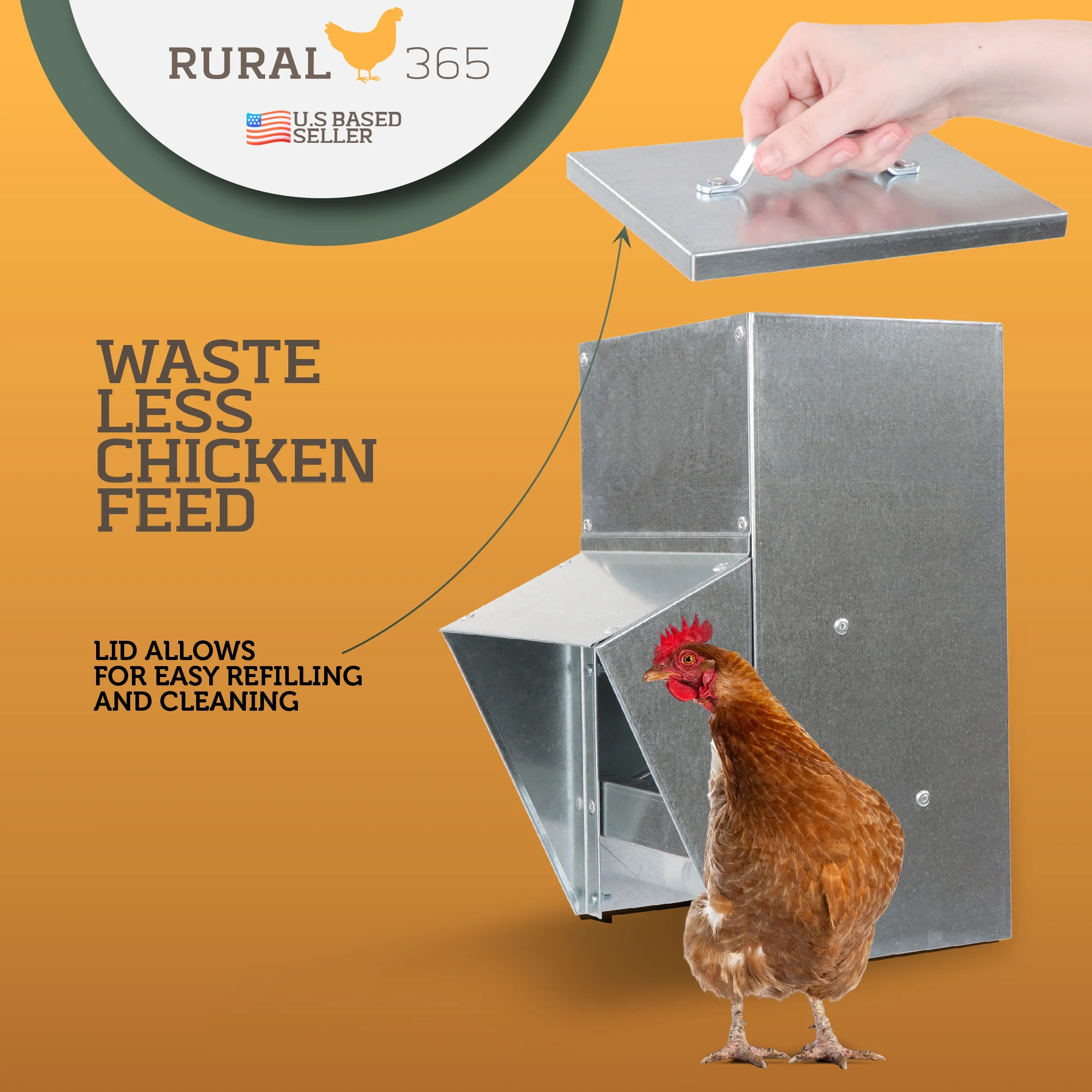 Rural365 11.5lb Capacity Galvanized Chicken Feeder Weatherproof Coop Dispenser