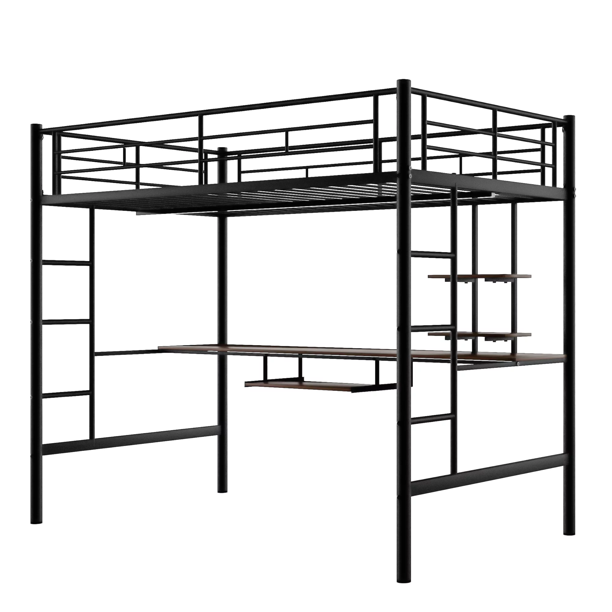 Loft Full Bed with Keyboard Tray Single Bunk Bed with 2 Shelves and one Desk Space-Saving Bunkbed High Sleeper Multipurpose Use