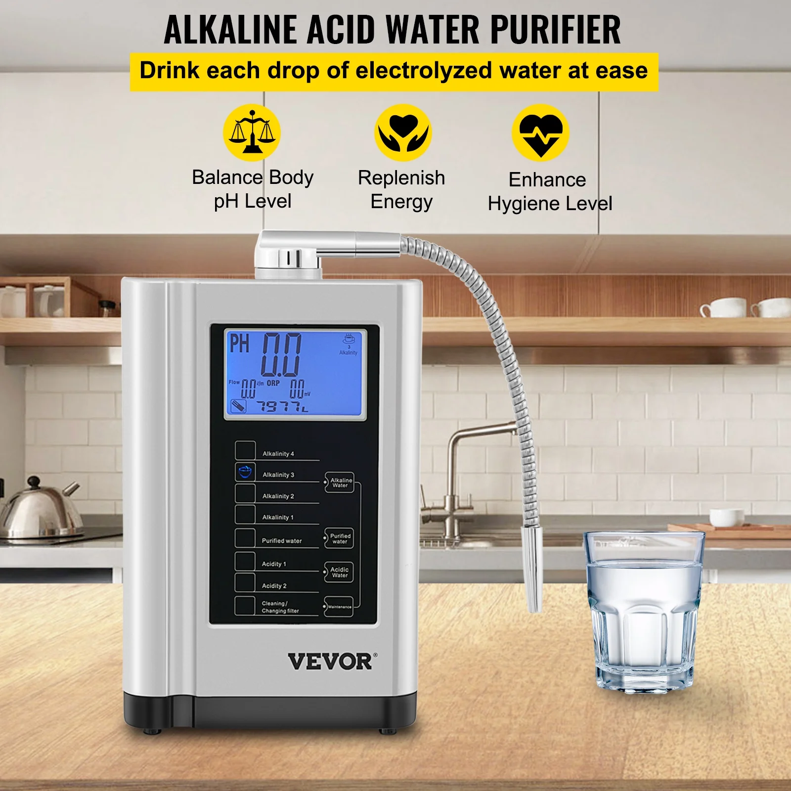 BENTISM  Water Ionizer Machine Alkaline Acid Water Purifier PH3.5-10.5 w/ 3.8" LCD Panel , 7 Water Settings, up to 1200PPM TDS & -500mV ORP
