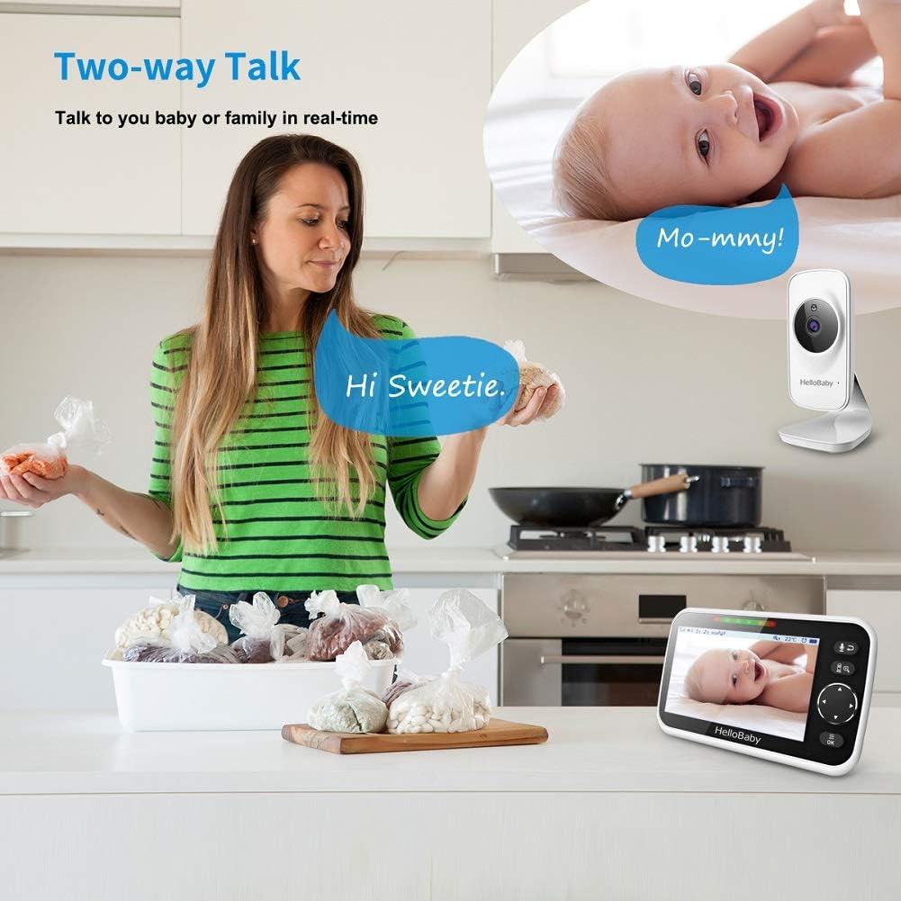 Video Baby Monitor with Camera and Audio, 5 Color LCD Screen, HelloBaby Monitor Camera, Infrared Night Vision, Temperature Display, Lullaby