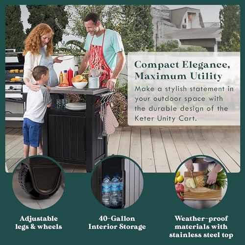 Keter Outdoor Rolling Table Cart for Food Prep, Storage, Bar & Grill, Dark Brown - Portable Kitchen Island Tabletop with Wheels for Drinks, Snacks