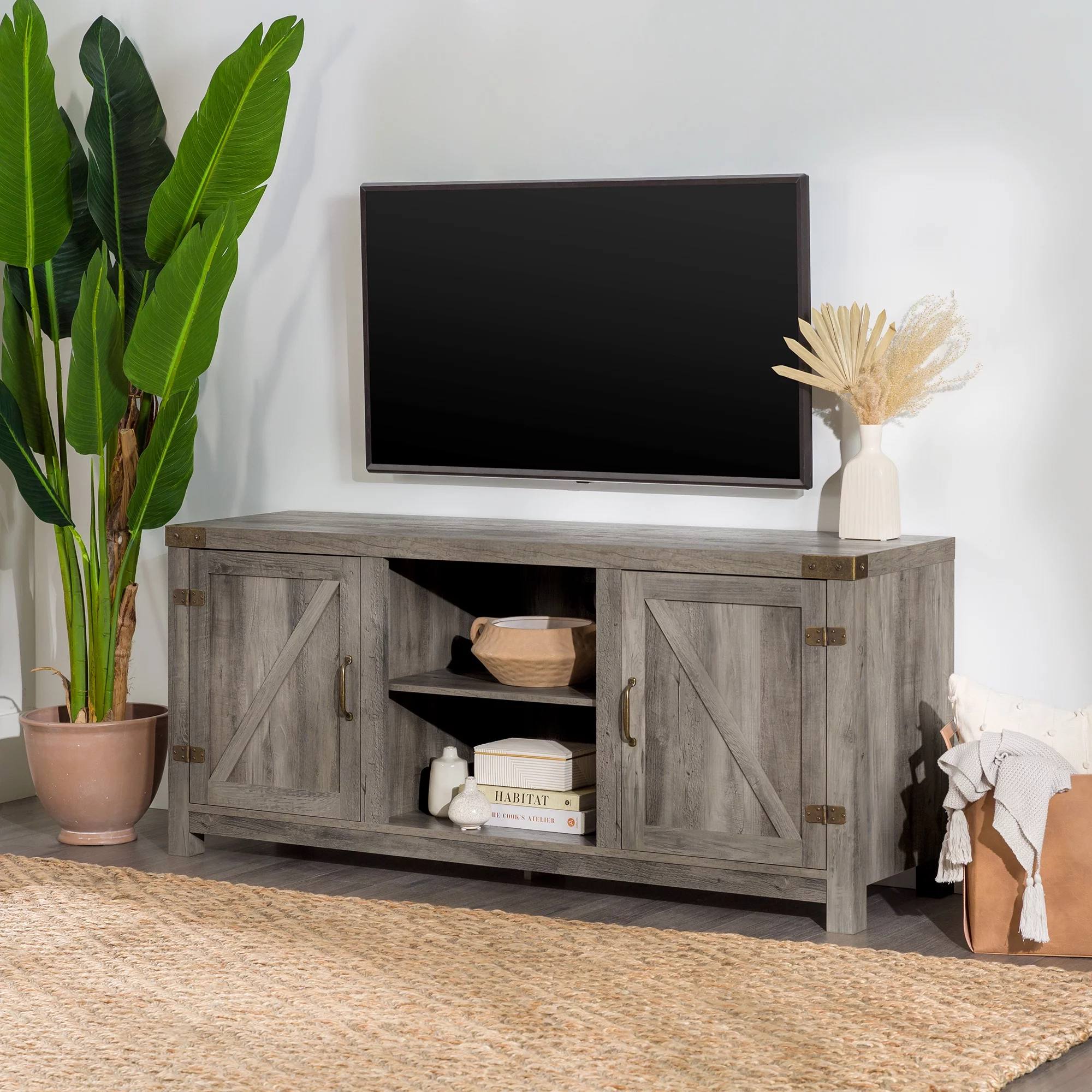 Walker Edison Modern Farmhouse Barn Door TV Stand for TVs up to 65, Grey Wash