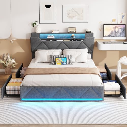 Vabches Queen Bed Frame with Storage Headboard and 4 Drawers,Upholstered Platform with Charging Station and Led Lights,Adjustable Headboard