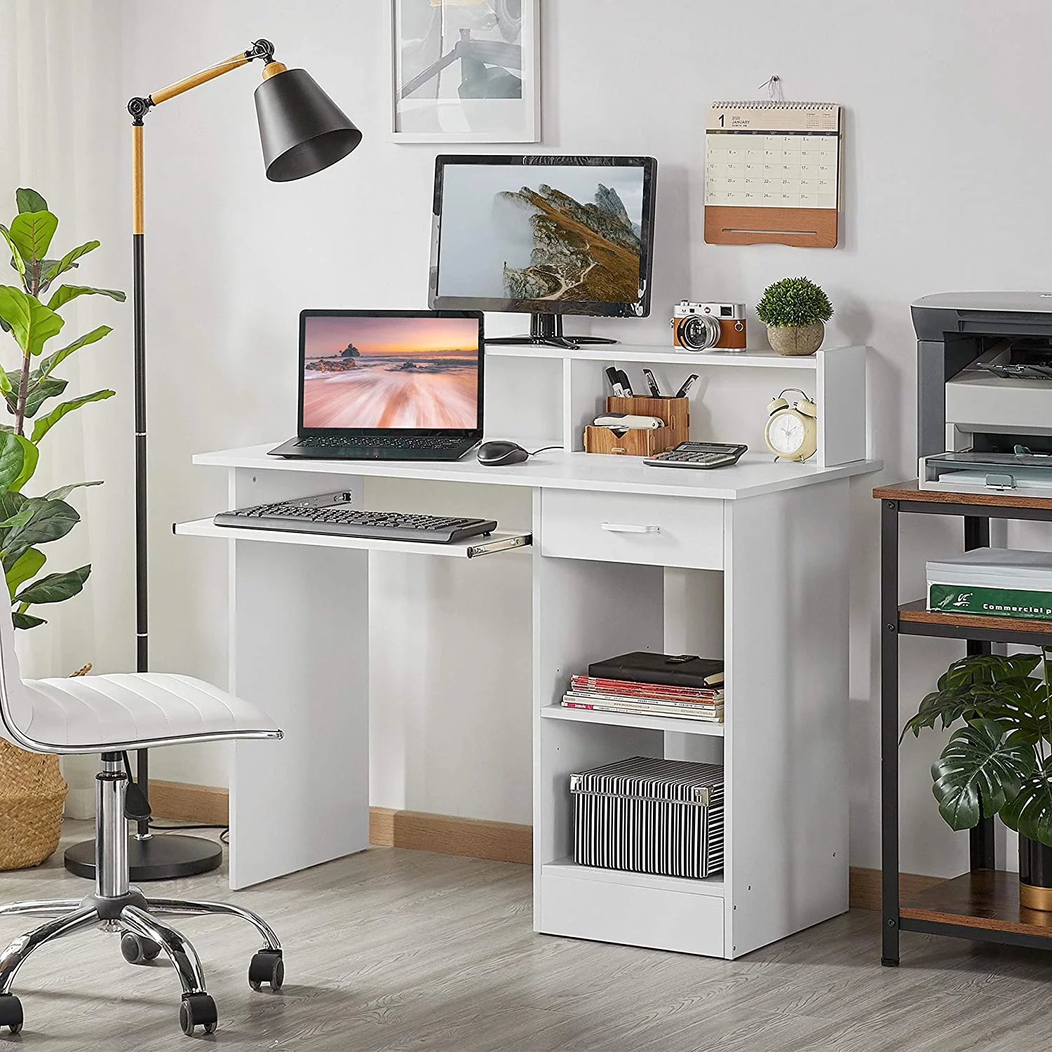 Home Office Wood Computer Desk with Keyboard Tray and Drawers, Students Writing Table with Storage Drawers & Hutch, Modern PC Laptop Desk