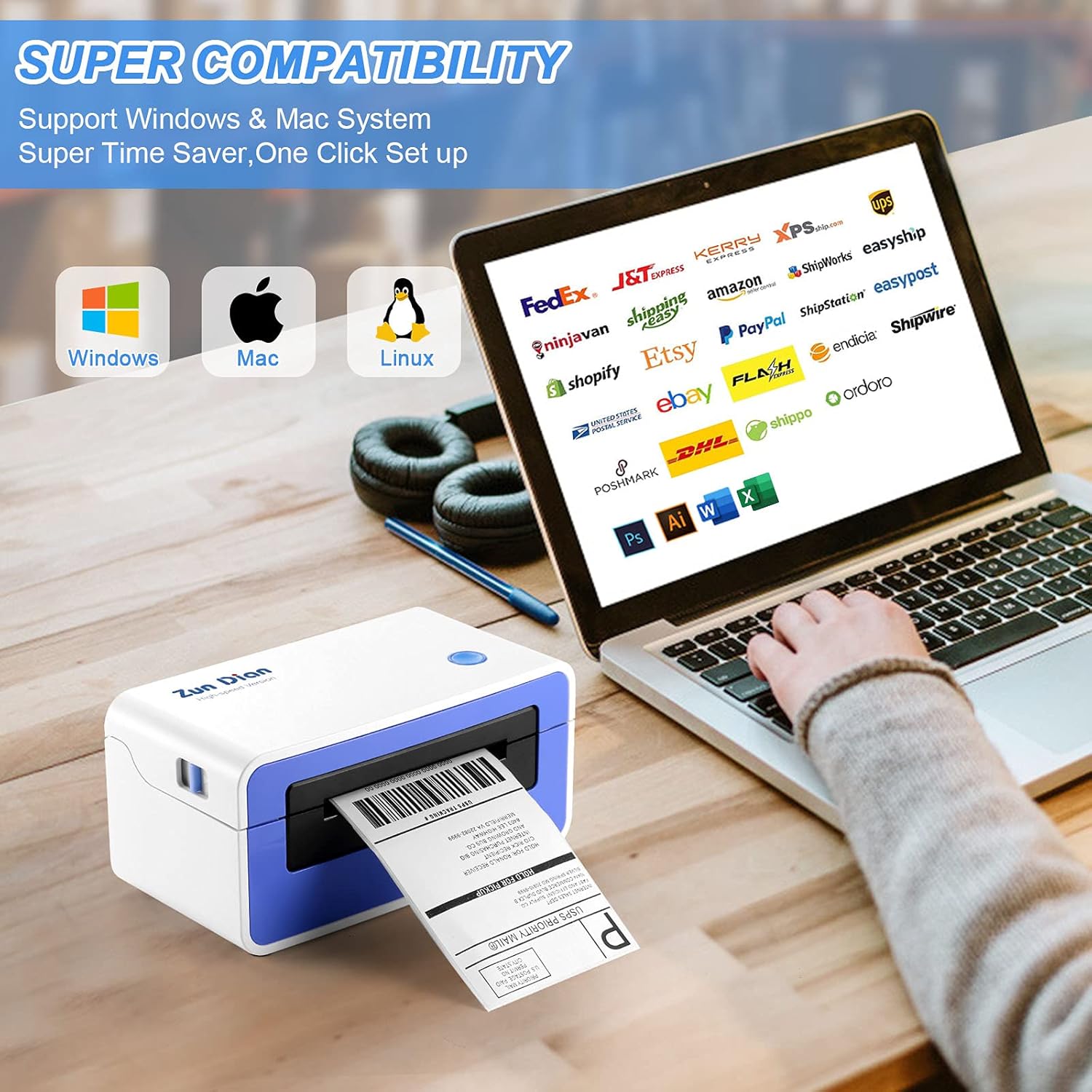 ZunDian Thermal Label Printer, 150mm/s 4x6 Shipping Label Printer, Thermal Printer for Shipping Packages, USB Lable Maker for Home Small Business