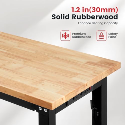 Workbench for Garage 48 Inch Work Bench Table Adjustable Height Rubberwood Tabletop Work Table with Power Outlets for Woodworking Shop Home Office