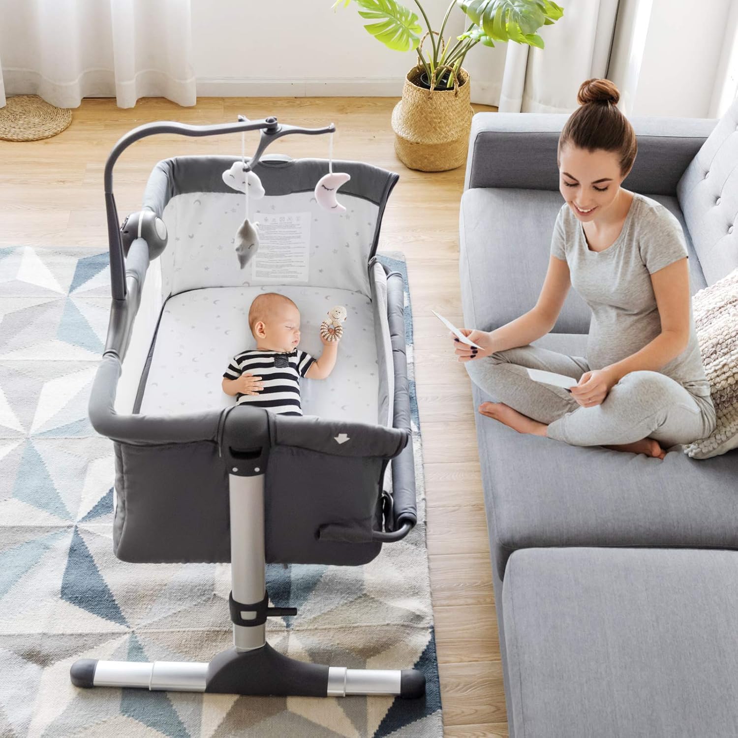 BABY JOY Baby Bedside Bassinet, Height Adjustable Portable Crib w/Music, Toy Rack, Mattress, Straps, Breathable Mesh & Carrying Bag