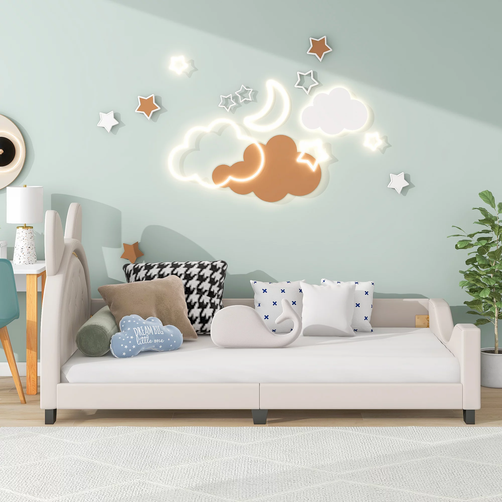 Bunny Shaped Twin Size Upholstery Daybed with Headboard for Kids, White