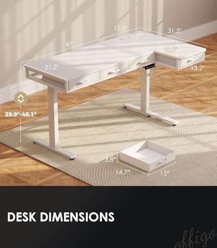 OffiGo 63 Inch L Shaped Electric Standing Desk with Drawers, Height Adjustable Large Desk with Power Outlets, Sit Stand Table