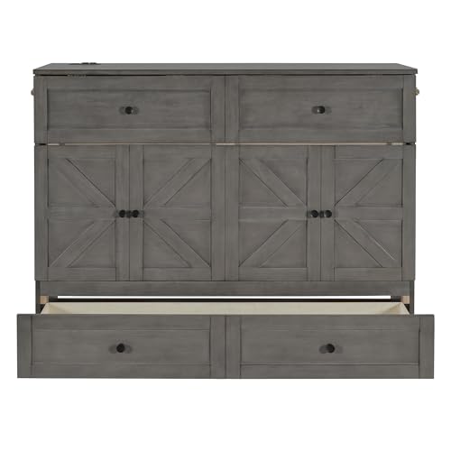 Harper & Bright Designs Full Size Murphy Bed Cabinet Wall Bed Chest with USB