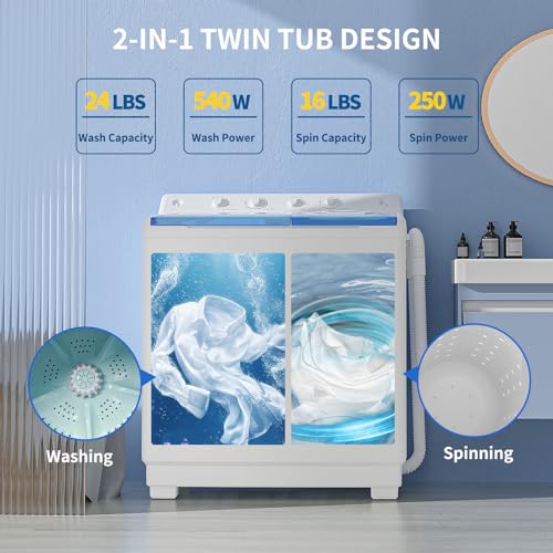 Zynkez Portable Washing Machine, Compact Twin Tub Laundry Washer, Semi-Automatic Washer and Spinner Combo for Apartments, Dorms, RVs