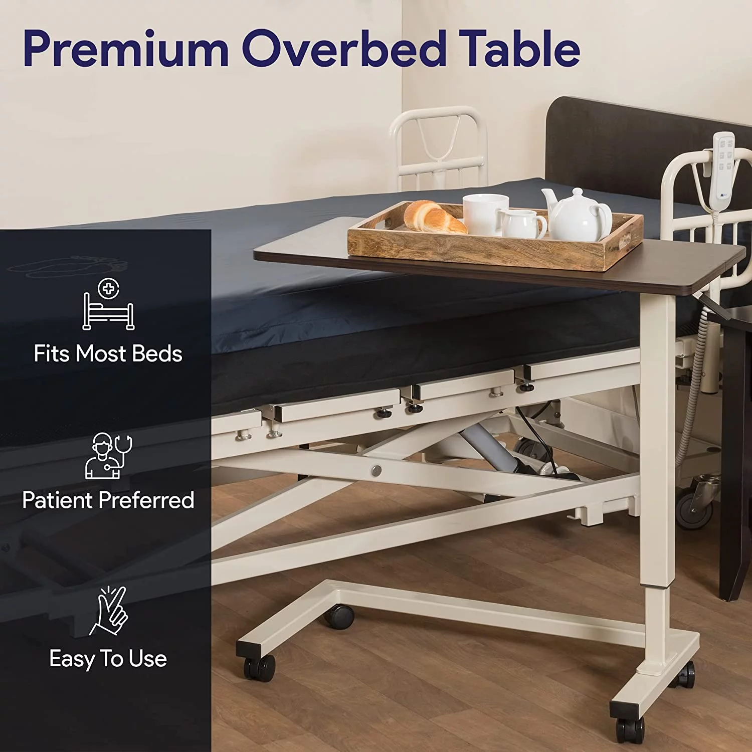Medacure Adjustable Overbed Table with Wheels - 50 Lb Weight Capacity