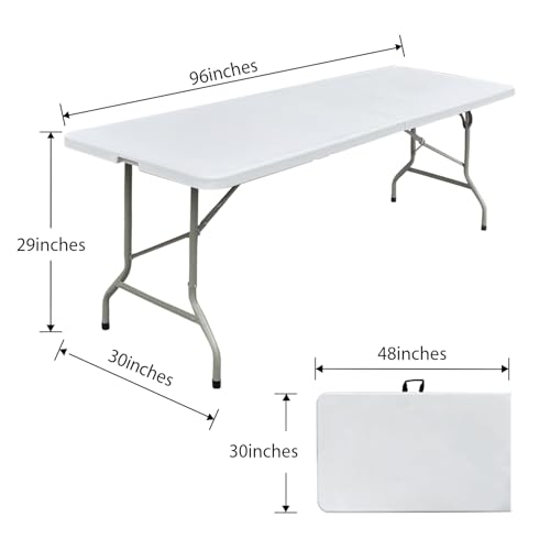 8 Foot Folding Table 96 inch Heavy Duty 8ft Plastic Portable Foldable Table with Handle Indoor Outdoor White 8' Dining Table for Picnic