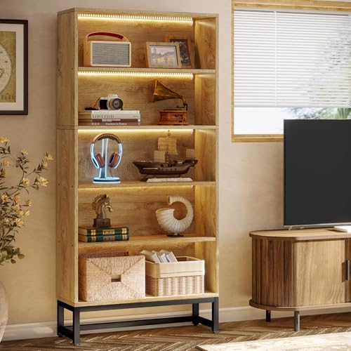 Tribesigns Tall Bookcase Black Bookshelf, 70.8” Large Bookcases Organizer with LED Lights