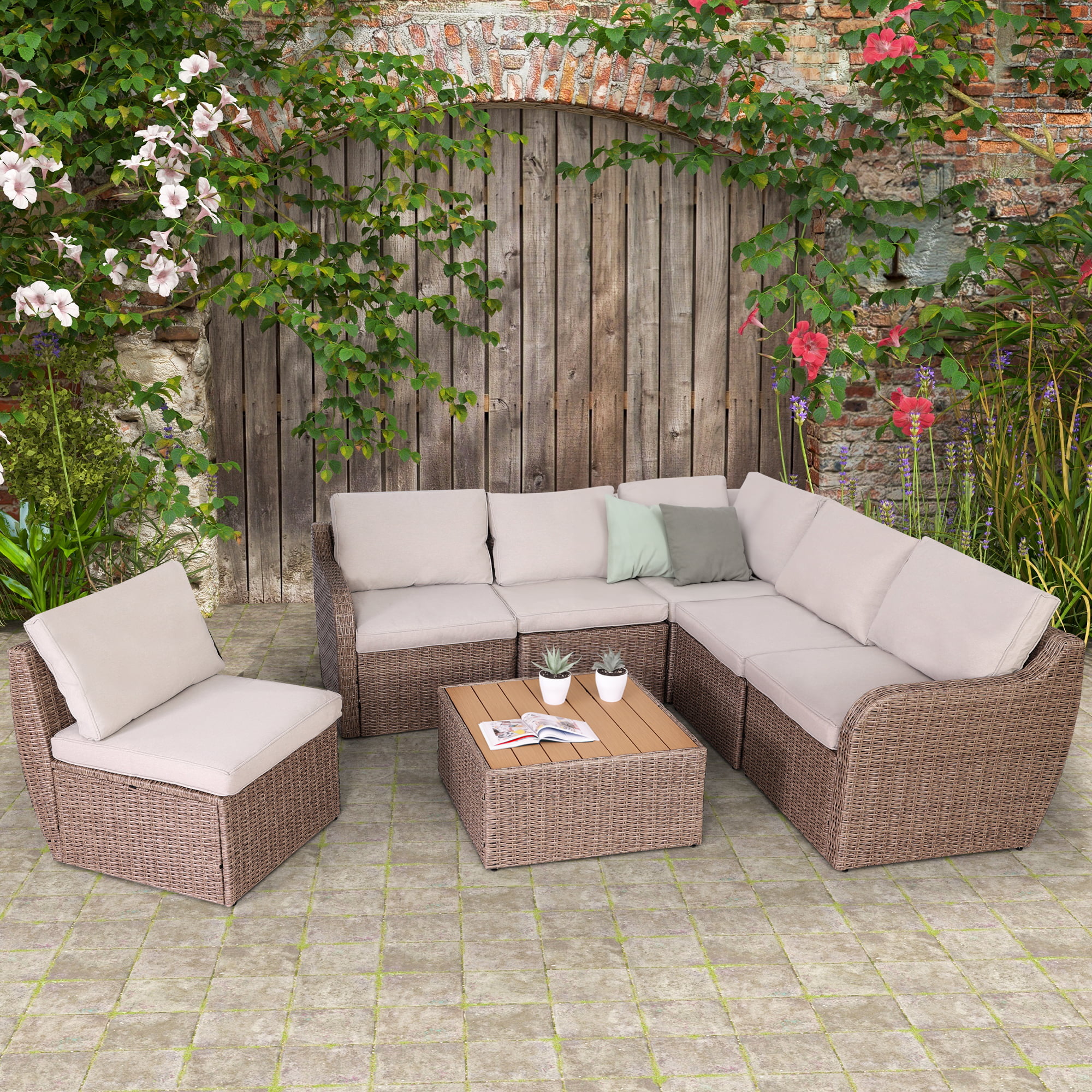 Homrest 7 Pcs Patio Furniture Set, Half-Round Rattan Outdoor Furniture with Cushion and Table, Khaki