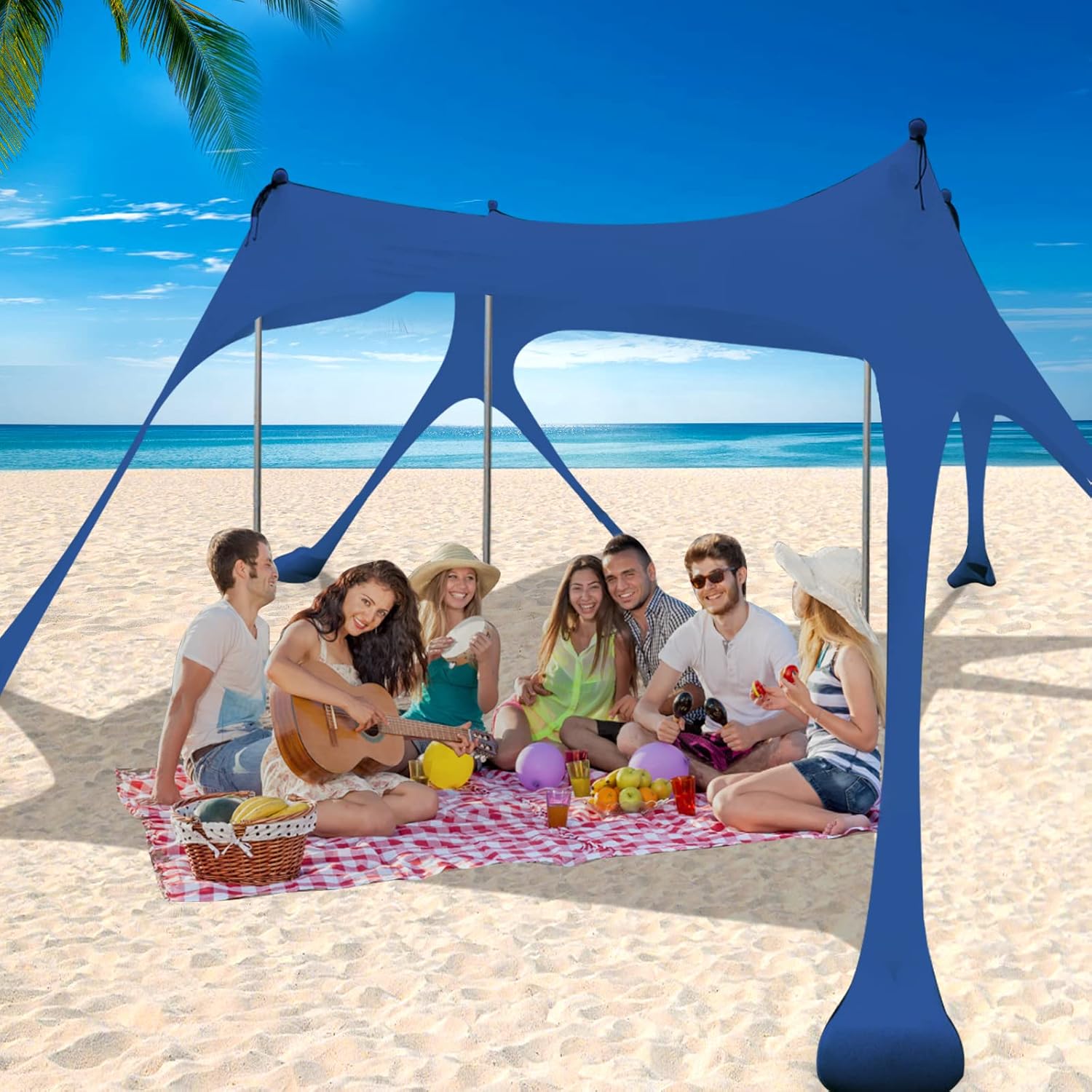 GERSIK Family Beach Tent, Reinforced Beach Canopy, UPF50 Sun Beach Shade, Portable Pop Up Sun Shade with 8 Sandbags 4 Poles Anchors 10x10 FT Shelter