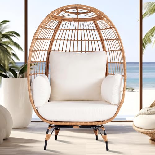 Outdoor Egg Chair, PE Wicker Chair with 4 Thicken Cushions, Patio Chairs 440 lbs Capacity