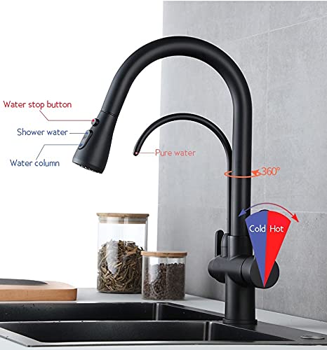 LUNEZY Kitchen Sink Mixer Taps Deck Mounted Black Kitchen Faucets, Pull Out Hot Cold Water Filter Tap for Kitchen