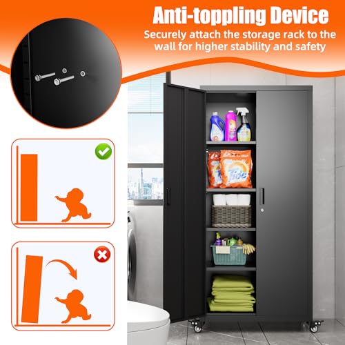 Metal Storage Cabinet with Wheels, 73" H Rolling Garage Cabinets with Locking Doors and Adjustable Shelves for Home Office, Basement, Pantry, Workshop