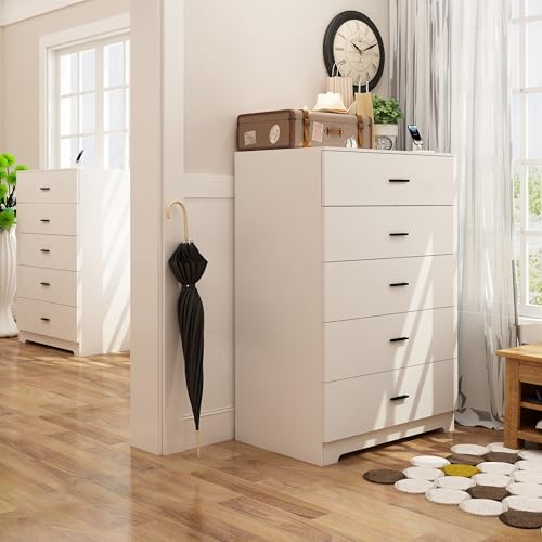 Dresser for Bedroom with Power Outlets Wood 5 Drawer Dresser with Large Storage Space Black Chest of Drawers with Smooth Metal Rail Tall Storage