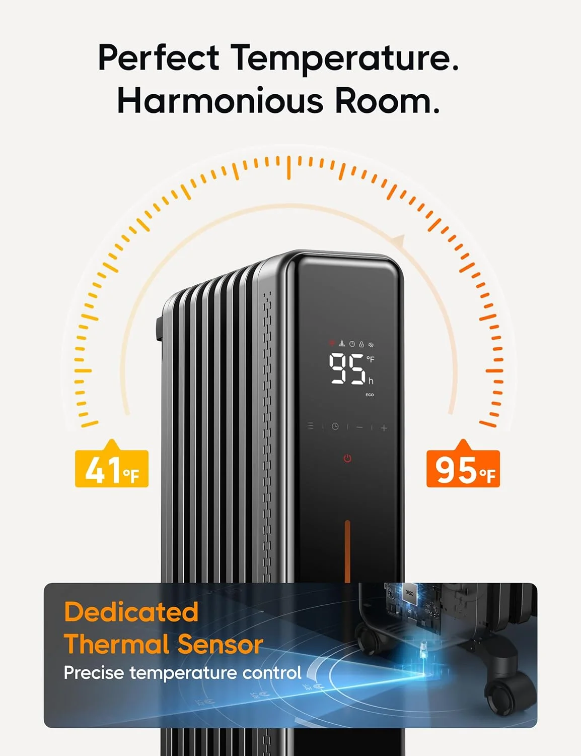 YINCHEN Oil Filled Radiator, 1500W Electric Radiant Heaters with Remote Control, 4 Modes, Overheat & Tip-Over Protection, 24h Timer, Quiet