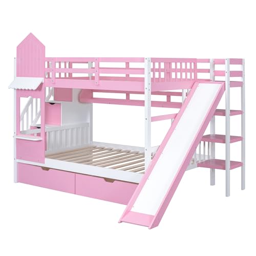 Full-Over-Full Castle Style Bunk Bed with 2 Drawers and 3 Shelves, Wood Bunk Bed Frame with Slide and Storage Staircase for Kids Teens Boys Girls
