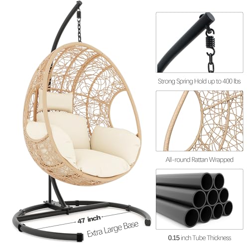 Oversized Hanging Egg Chair Outdoor Indoor, Wicker Swing Egg Chair with Stand 400lbs Capacity for Bedroom, Patio, Garden and Balcony (Beige-nest