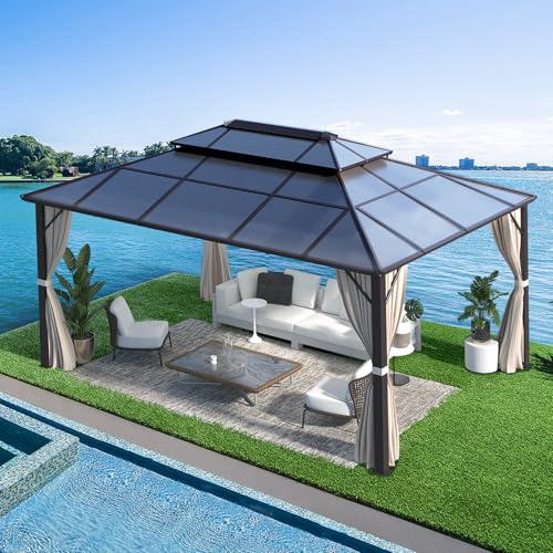 MELLCOM 10'x13' Hardtop Gazebo with Polycarbonate Double Roof, Aluminum Frame Outdoor Gazebo Permanent Pavilion with Curtains and Netting for Patio