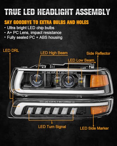 LED Headlights Assembly Headlamps Replacement for 1999-2002 Chevy Silverado 2000-2006 Suburban 00-06 Tahoe Sequential Turn Signal Hi/Low Beam DRL