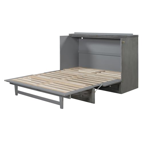 Harper & Bright Designs Full Size Murphy Bed Wall Bed, Solid Pine Murphy Bed Chest Cube Cabinet Bed with USB