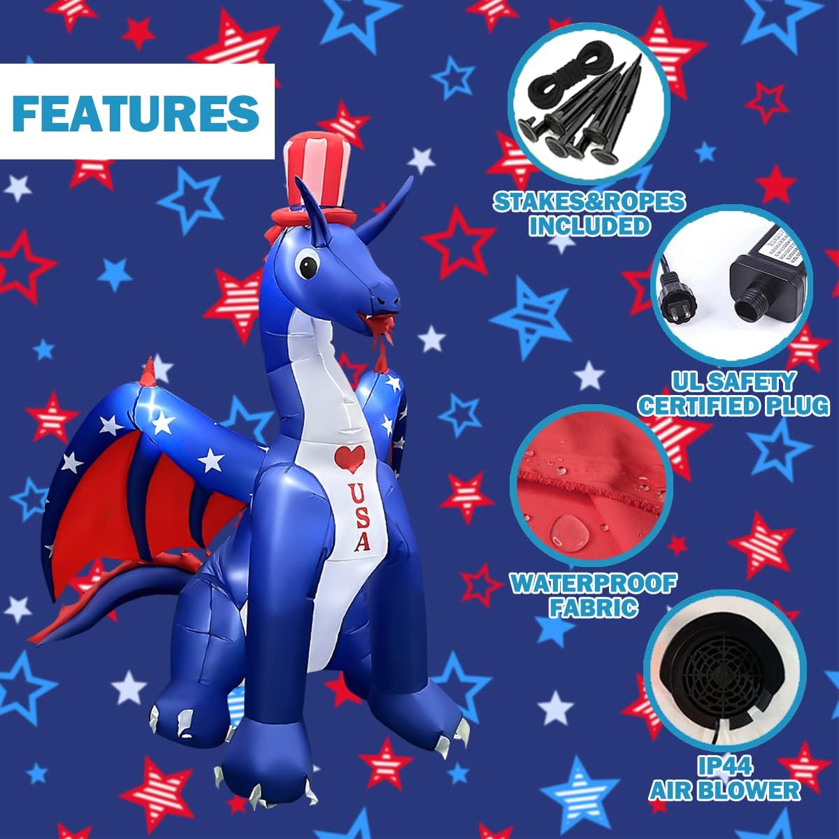 BLOWOUT FUN 8 FT Independence Day Inflatable Dragon with America Style Decorations Patriotic 4th of July for Home Yard Lawn Garden Indoor Outdoor
