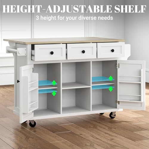 Rovibek Kitchen Island with Drawers 53 in Rolling Island Cart Mobile Solid Wood Portable Islands on Wheels with Storage Cabinet & Drawers, White