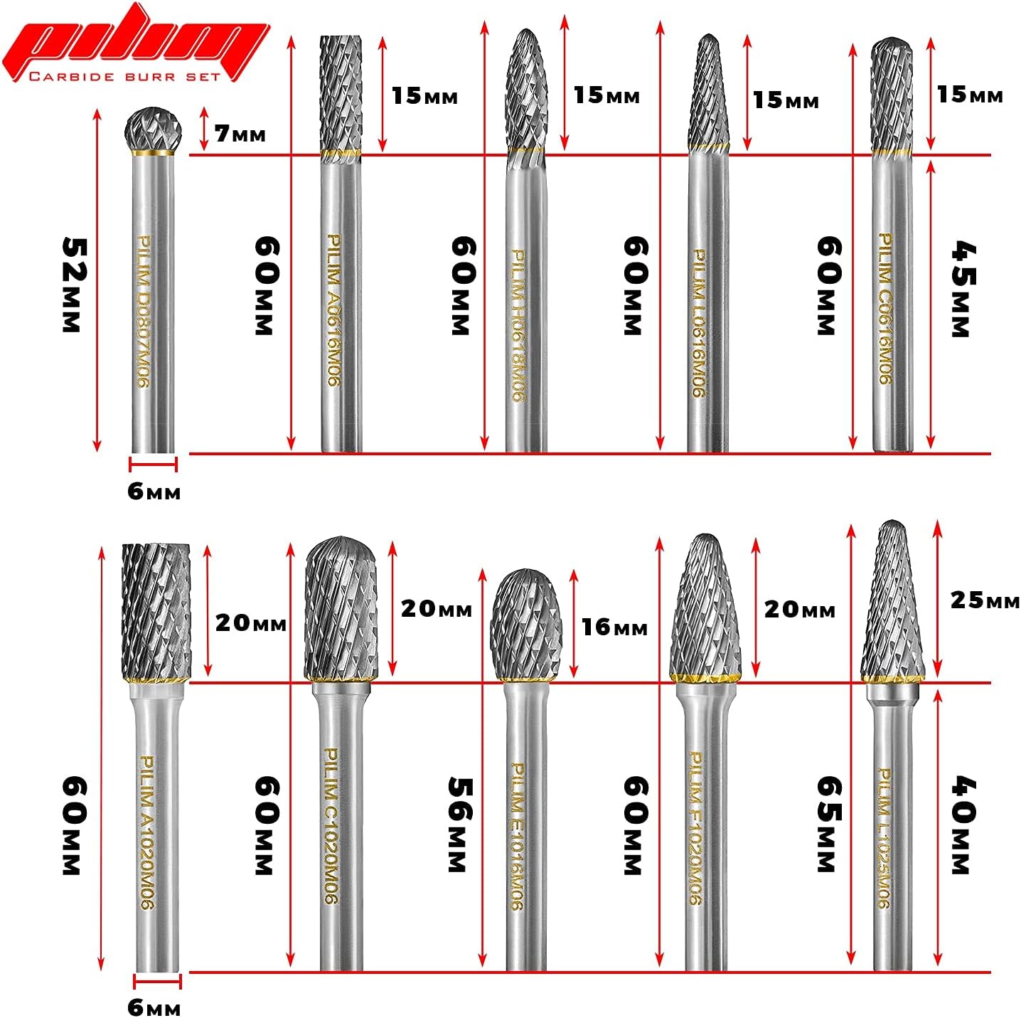 Tungsten Carbide Burr Set 1/4" Shank 10PC Double Cut Rotary Cutting Burrs Die Grinder Bits for Steel and Wood Working, Grinding, Carving