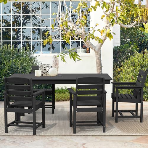 SERWALL Outdoor HDPE Dining Table Set, 7-Piece Outdoor Dining Table Sets with Umbrella Hole Cut-Out Table and 6 Chairs, Gray