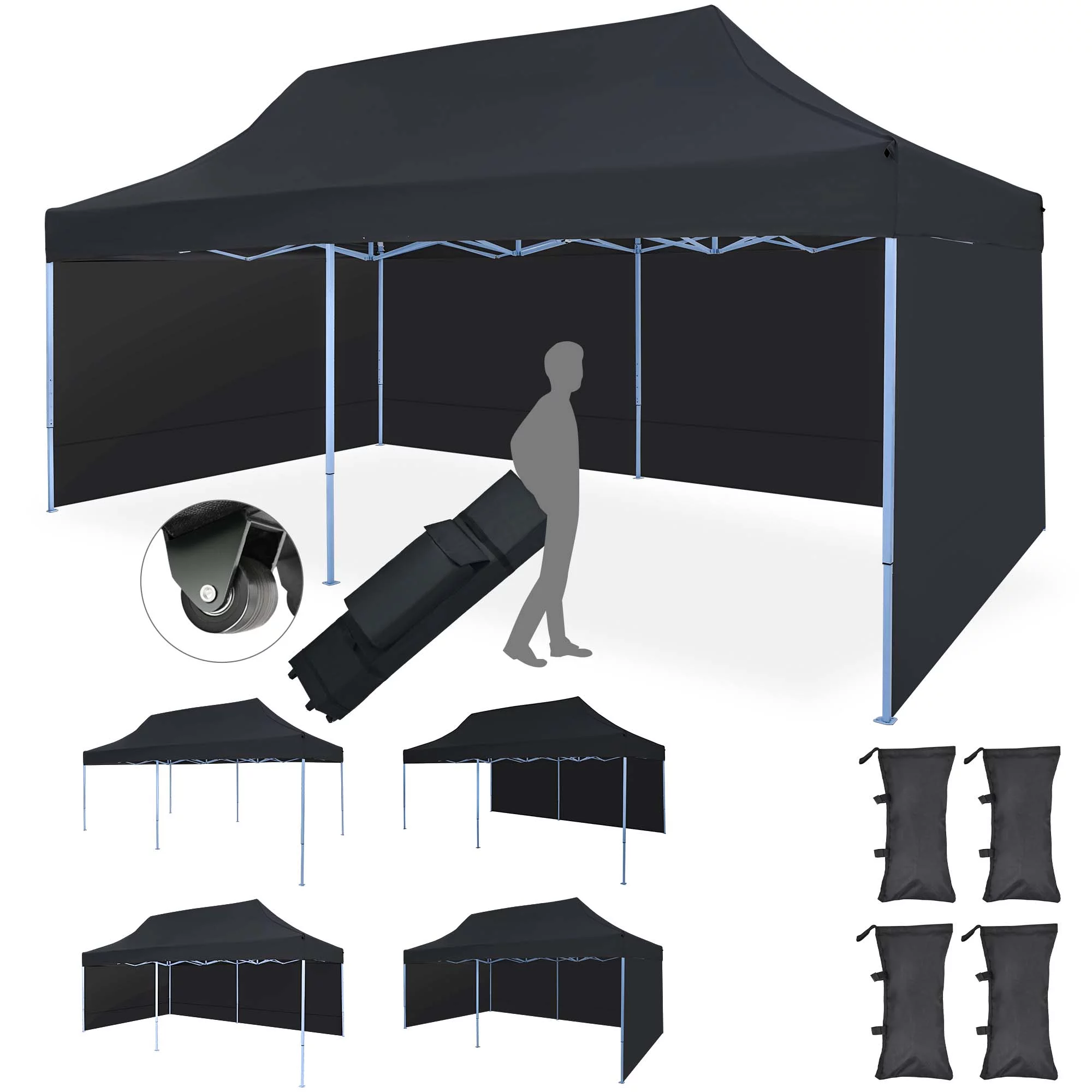 Texinpress 10'x20' Ez Pop Up Commercial Canopy Tent with Sidewalls, Black