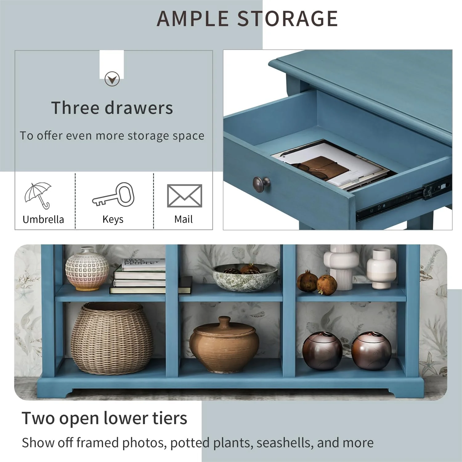 Console Table Sofa Table With 3 Drawers And Storage Shelf, Wooden Sideboard Side Table For Living Room Bedroom, Teal Blue