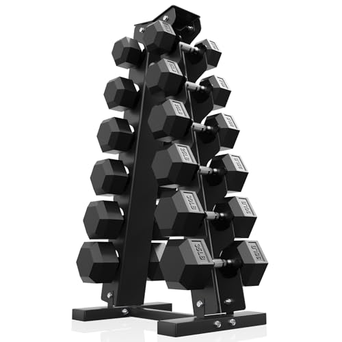 PAPABABE Hex Dumbbell Sets with Rack, 60-550lb Rubber Coated Dumbbell Weight Set and Storage Rack, Multiple Options Hand Weights for Strength Training