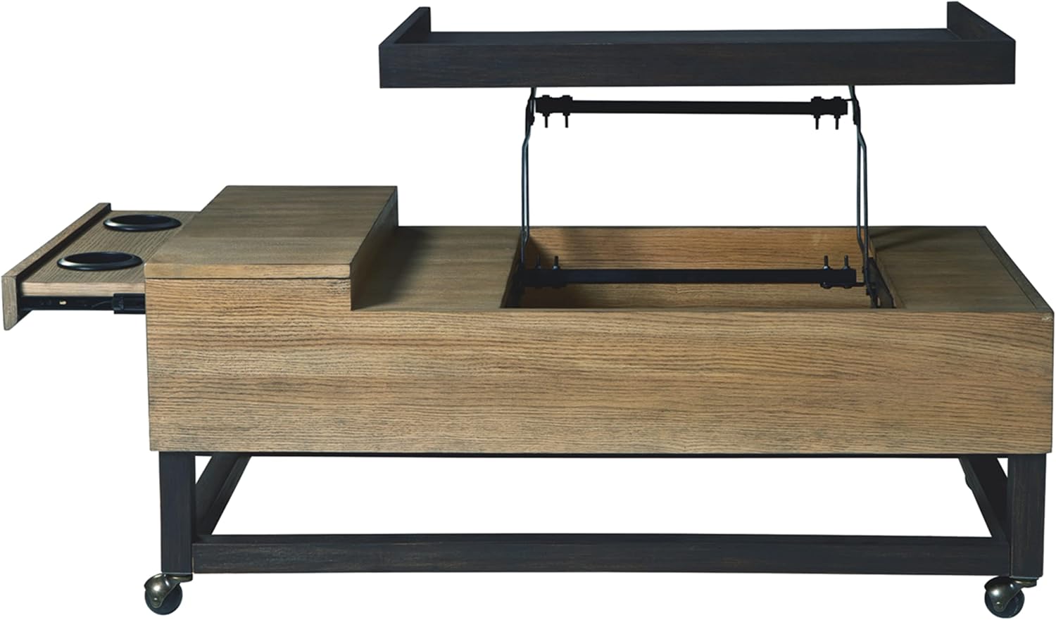 Signature Design by Ashley Fridley Modern Lift Top Cocktail Table with Cupholders and Casters, Light Brown