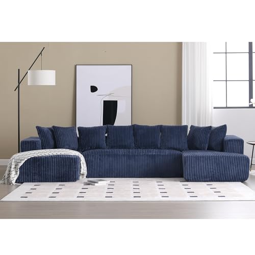 131" Modular Sectional Couch, Comfy Corduroy Striped Fabric Floor Sofa, Luxury U-Shape Sectional Sofa with Chaise Lounge