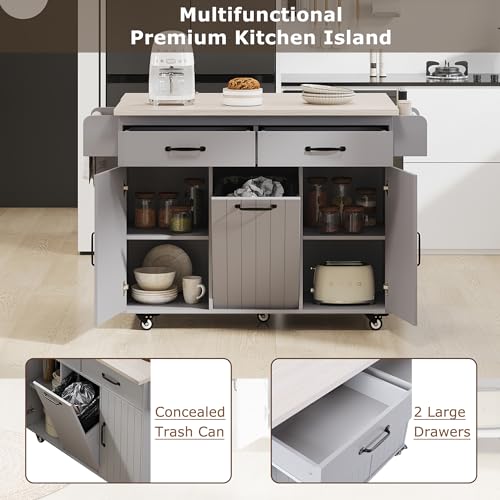 53.5'' Farmhouse Kitchen Island with Power Outlet, Kitchen Storage Island with Drop Leaf, Spice Rack and Drawer