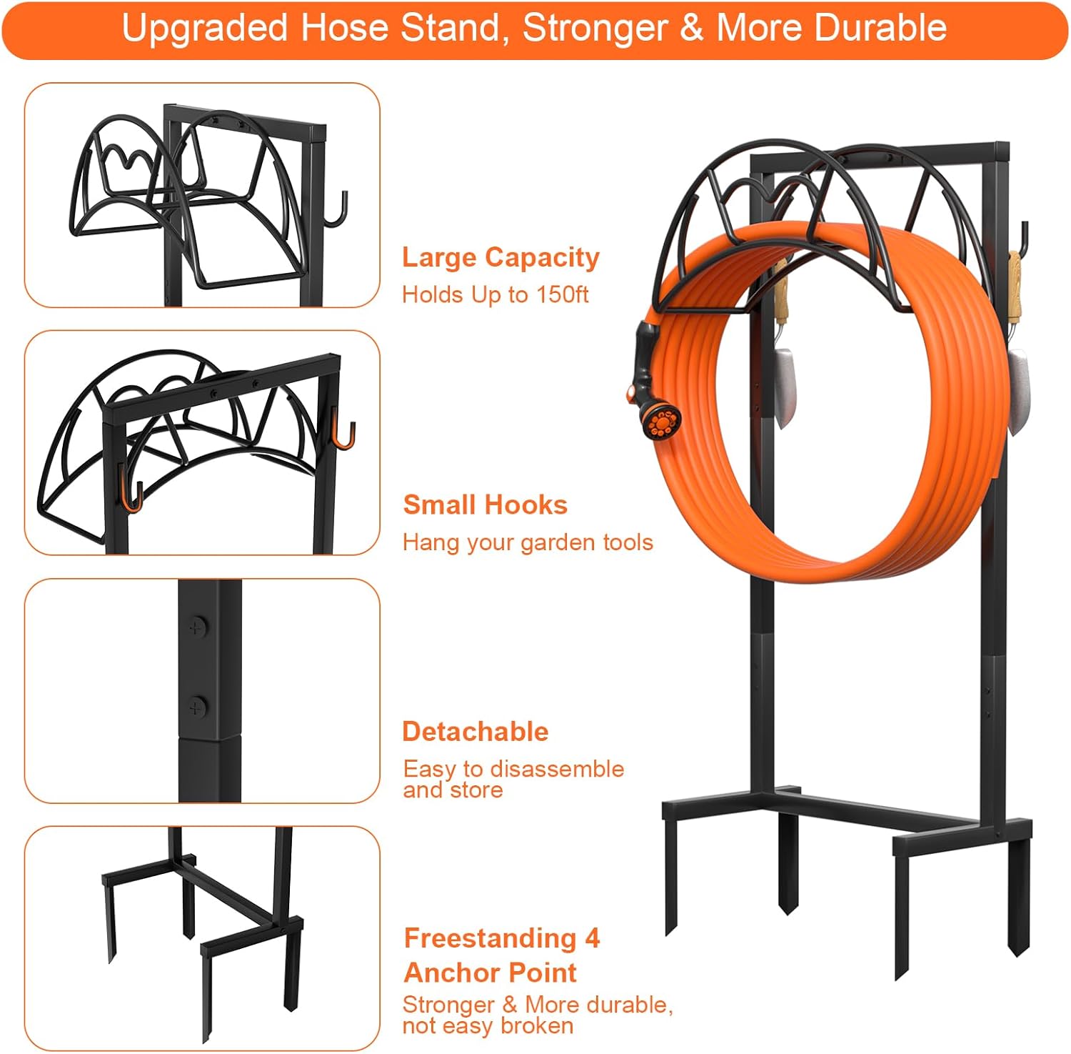 Garden Hose Holder, Freestanding Heavy Duty Water Hose Holder for Outside, Upgraded Metal Hose Stand with 4 Spikes
