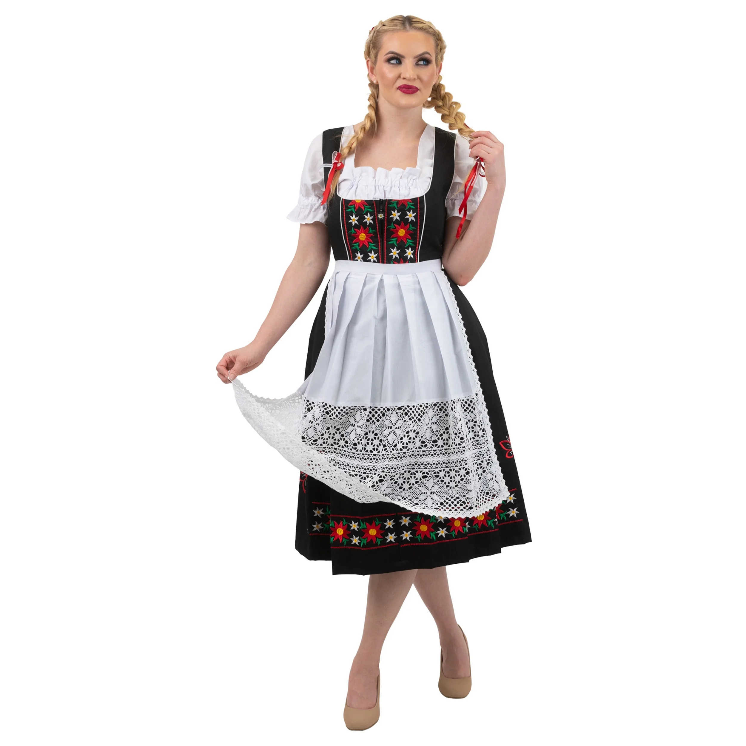 Dirndl Trachten Haus 3 Piece Long German Oktoberfest Dirndl Cotton Dress for Womens and Girls - Black