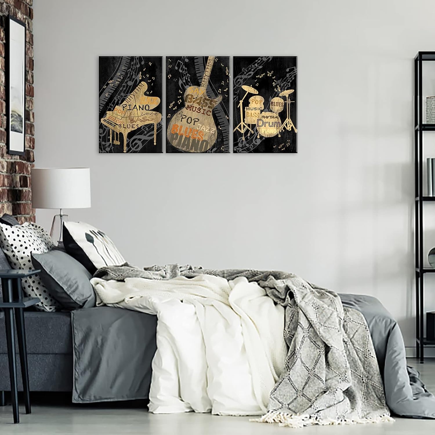 SiMiWOW Music Instrument Wall Art Black and Gold Guitar Piano Drum Set Pictures Classic Musical Theme Painting Canvas Prints Living Room Decoration