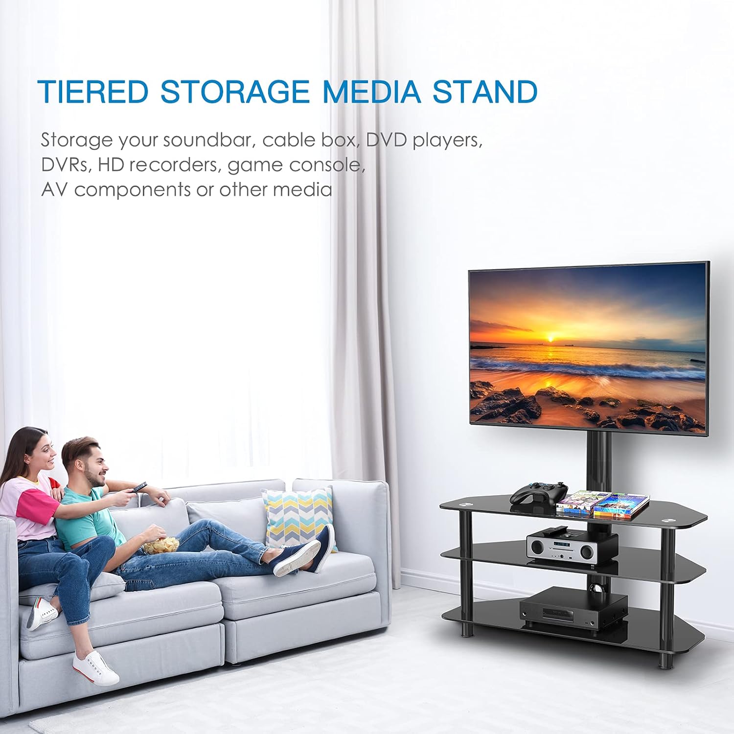 Swivel Floor TV Stand/Base for 32-65 Inch TVs-Universal Corner TV Floor Stand with Storage Perfect for Media-Height Adjustable Entertainment Stand