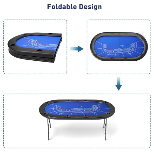 COLOR TREE Foldable Blackjack Poker Table, 84" Premium Texas Hold'em with Cup Holders, Padded Rails, Stylish Blue Design
