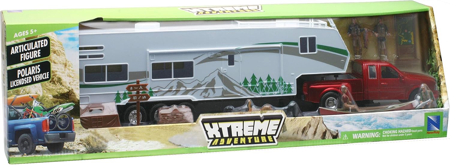 New-Ray Toys Die Cast Pick Up Truck with Camper Trailer and Accessories