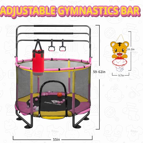 Trampoline for Kids, 5FT Adjustable for Toddler, Indoor/Outdoor Baby Trampoline with Enclosure Net, No-Gap Safe Design, Gifts for Boys & Girls